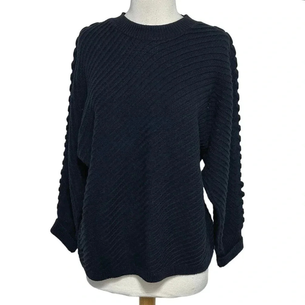 Simply Vera Vera Wang Sweater Large Black Diagonal Ribbed Cable Knit Sleeve Crew